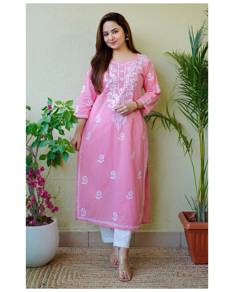 Baby Pink Cotton Kurti With Trousers - SHADES OF FAASHION - 3191144